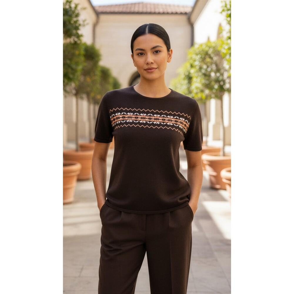 Kasper Suit Set Womens Petite 6P Brown Knit Sweater Top & Dress Pants 2pc